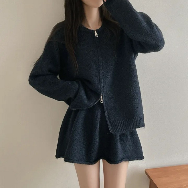 쪼예 [투피스] 꾸안꾸 투웨이 긴팔 니트 집업 가디건 하이웨스트 스커트 세트