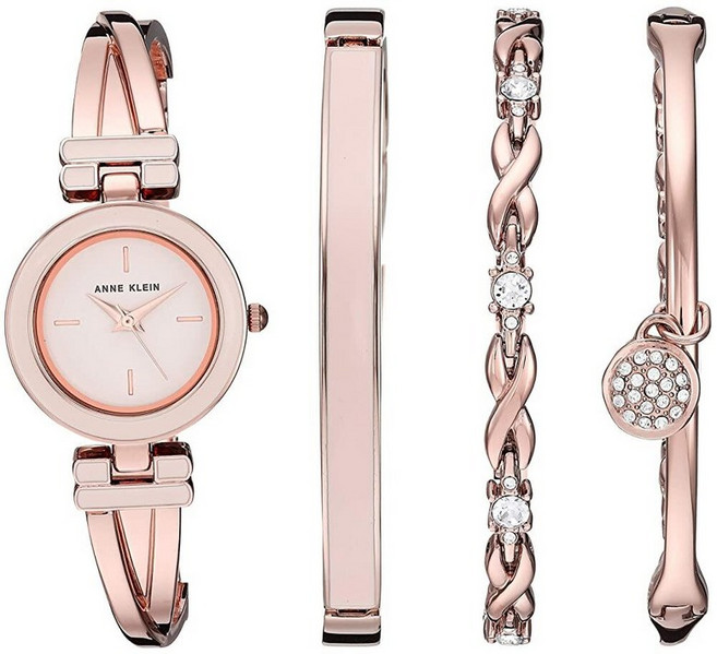 Anne Klein 여성용 프리미엄 크리스탈 팔찌 뱅글 손목 시계 세트