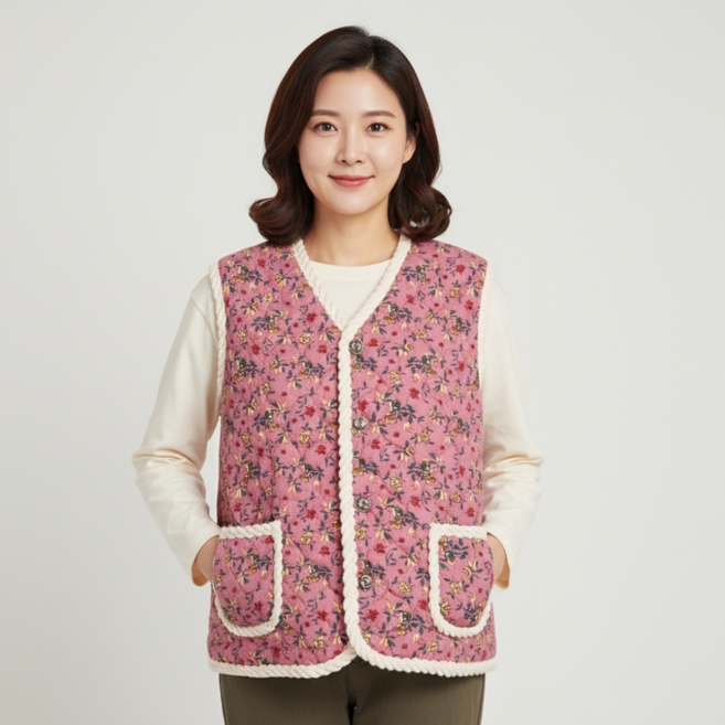 린델 1+1 누빔 양털 기모 할머니 촌캉스 꽃무늬 누빔 보온조끼