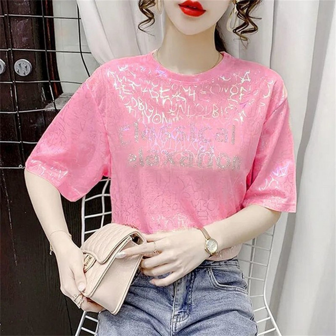 besteffie 반팔티셔츠 여성용 라운드넥 루즈핏 반짝이 오버핏 반팔티 빅사이즈 여성티셔츠 C58