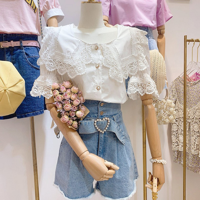 扉娜VINASHOP 質感甜美蕾絲花邊拼接娃娃領短袖白襯衫