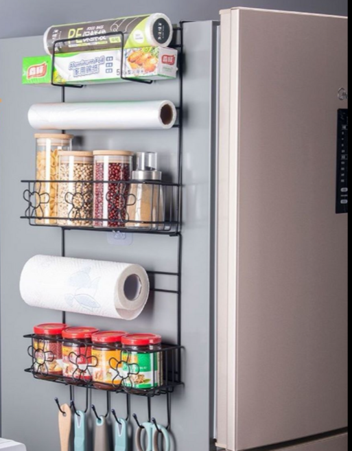 sunsir 냉장고 선반 옆걸이 선반 키높이 주방 가정용 파우치 수납 벽걸이 수납 다층, 블랙, 1개