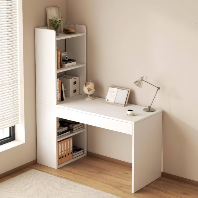 L자형 책상 대용량 공부 책상 책장형 책상 80/100/120cm 컴퓨터 책상, 화이트