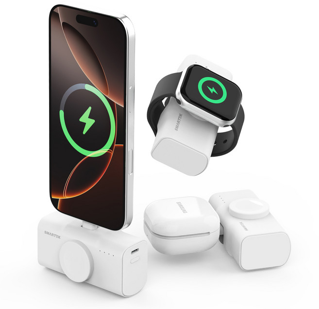 스마텍 2 IN 1 갤럭시 애플 워치충전 일체형 도킹 멀티 고속충전 미니 보조배터리 5000mAh C타입, STPB-NDW50, 화이트