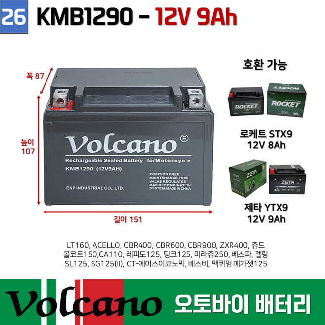 26번 오토바이밧데리 볼케이노 KMB1290(12V9AH) 쥬드포르테, 1개