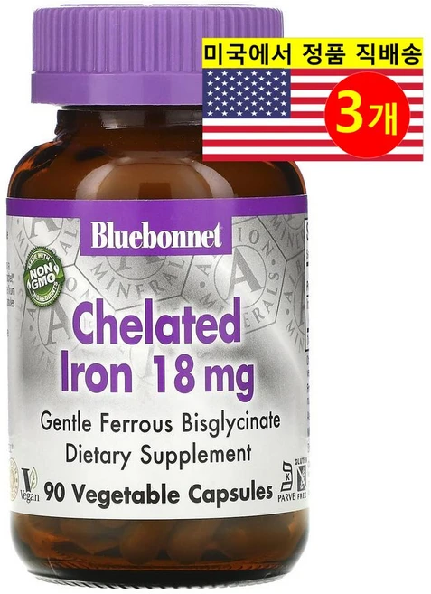 Bluebonnet Nutrition 블루보넷 뉴트리션 킬레이트화 철분 18mg Chelated Iron, 3개, 90정 - 쿠팡