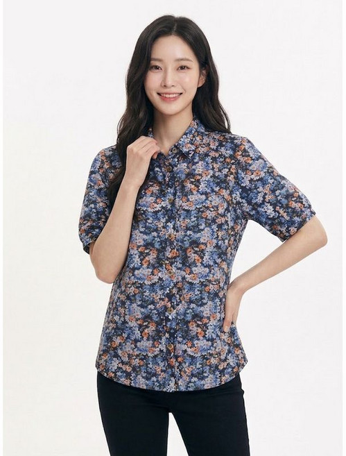 크로커다일레이디 네이비 플라워 프린트 캐주얼 풀오픈 셔츠 CLCMBL209