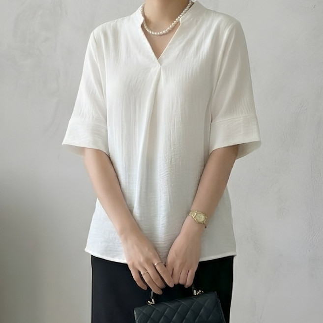 [당일출고] 수엠W 여성 루즈핏 브이넥 블라우스 반팔 오버핏 체형커버 P22 아르네블라우스