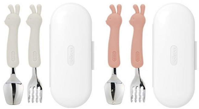 에디슨 실리콘 유아 스푼포크케이스 세트 베이비, 토끼핑크 + 토끼크림, 스푼 + 포크 + 케이스, 1세트