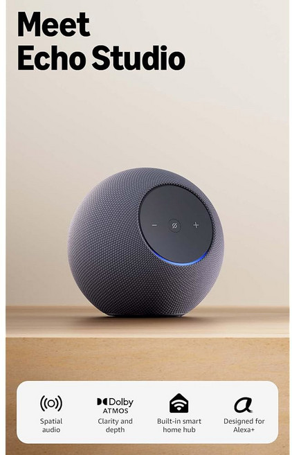 스마트 홈 허브가 내장된 최고의 알렉사 스피커인 Amazon Echo Studio(최신 모델)에는 Alexa+ 얼리 액세스 그래파이트가 포함되어 있습니다, 그래파이트