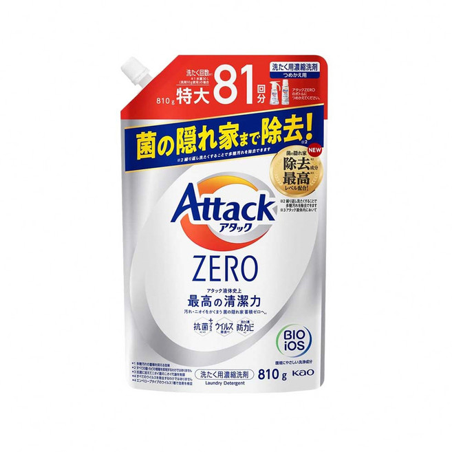 Attack ZERO 房間乾燥 根本無臭 洗衣精補充包 810g, 1個, 直立式洗衣機專用(白) 810g