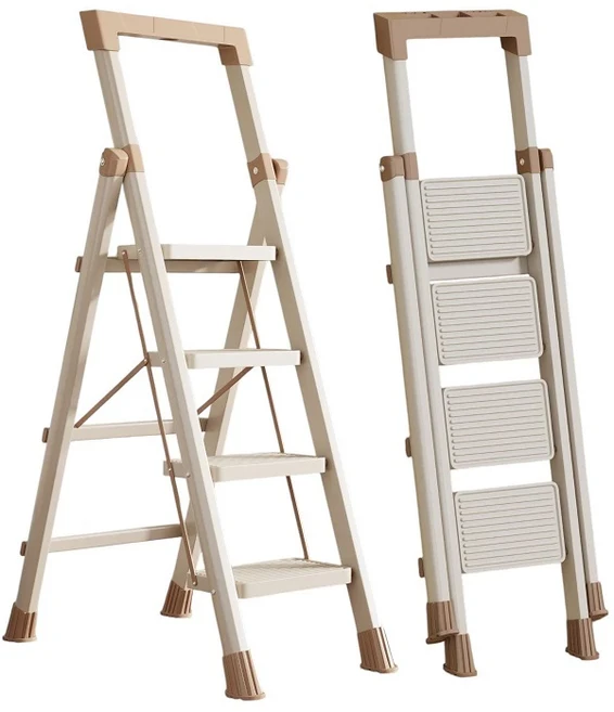 四階鋁合金折疊梯 加寬踏板 承重穩定 升級工具架全鋼款咖啡白, 1個