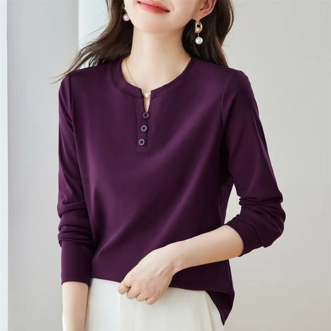 besteffie 여성용 편한 봄가을 긴팔 면혼방 베이직 티셔츠 포인트넥 캐주얼