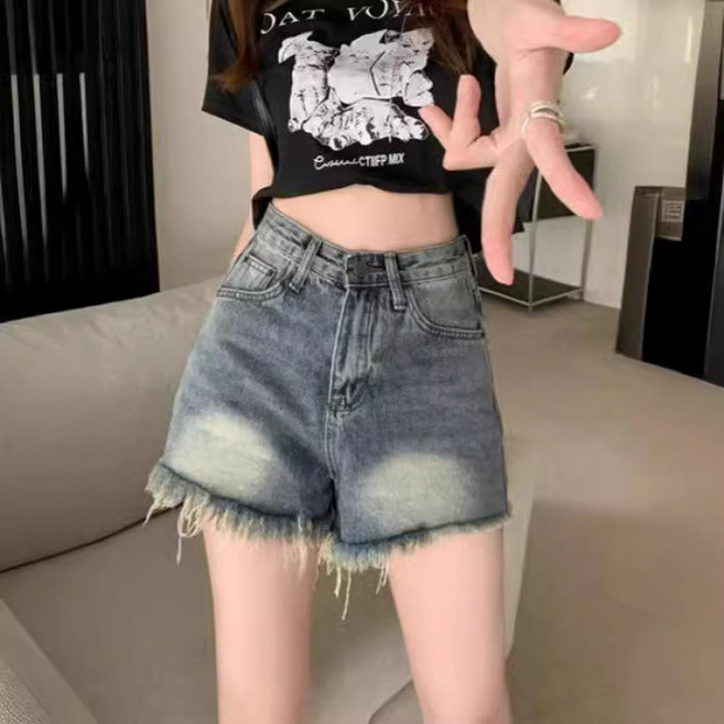 SAHINER 여성 하이웨스트 데님 컷팅 숏팬츠 여름 캐주얼 BDK41