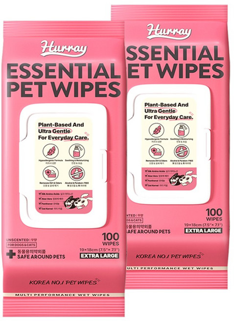 허레이 에센셜 반려동물 물티슈 동물용의약외품 인증, 2개, 100개입