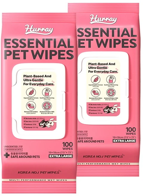 허레이 에센셜 반려동물 물티슈 동물용의약외품 인증, 2개, 100개입 - 쿠팡