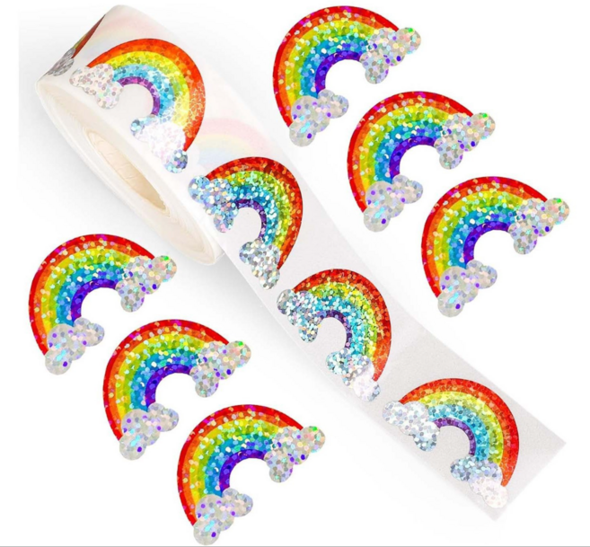 위캔바이 레이저 반짝이 스티커 대용량 원형 롤 포장 꾸미기, 500개, 무지개