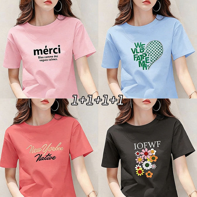 1+1+1+1 (4종세트)여성 여름 빅사이즈 루즈핏 라운드넥 레터링 티셔츠 캐쥬얼핏 반팔티셔츠~100KG