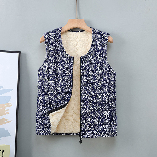 拉鍊馬甲 中老年媽媽刷毛碎花外套 北極絨保暖V領無袖背心