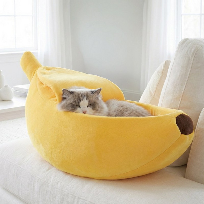 고양이방석 반려묘 바나나 쿠션 침대 귀여운 숨숨집 펫리치, 1개, 옐로우