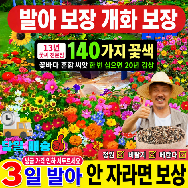【당일 배송】꽃밭 혼합 씨앗 꽃씨 봄꽃 씨앗 맨땅을 꽃밭으로 만드는 혼합꽃씨 144 세트, 정원 들꽃, 1500알*2