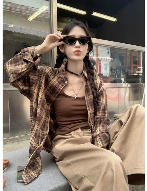 【Cavensi】復古長袖寬鬆格子襯衫 女