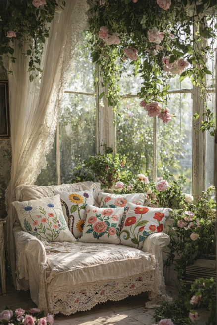 플라워 프렌치 쉐비 쿠션 4종 자수 홈패션 인테리어 쉐비 우드아뜰리에, 해바라기