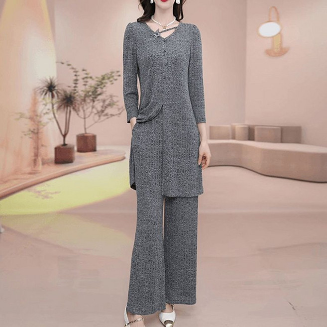 겨울 가을 여성 루즈핏 니트 상하세트 브이넥 미디엄 상의+스반 롱 와이드 팬츠 투피스