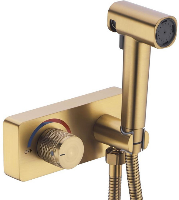 HOMYEP 황동 핸드헬드 화장실 비데 스프레이 부착물 스프레이 홀딩 제트 포함 온수 및 냉수가 있는 욕실 화장대 마운트 비데 수도꼭지 10.2cm(4인치) 센터 세트 R, 손잡이, 브러시드 골드