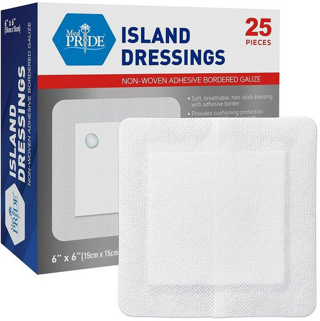 MED PRIDE Island Dressings 15.2 x 15.2cm(6 6인치) - 멸균 부직포 접착 테두리 거즈 패드 개별 포장 방수 라텍스 프리 150개 케이스(, 6" x 6" (New)