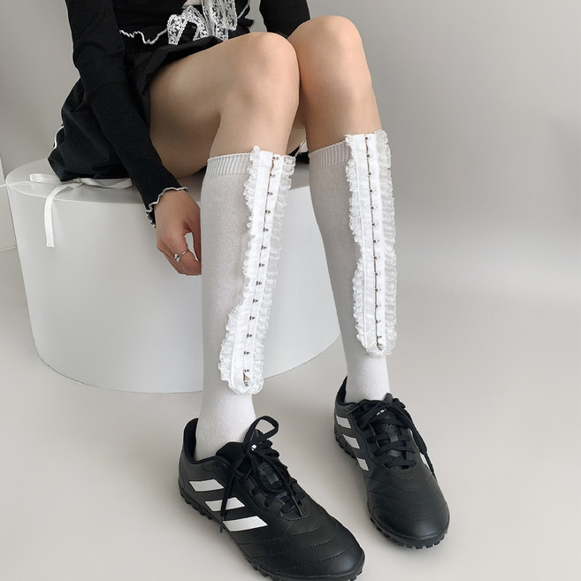 Coablu 여성용 데일리 오버니 니삭스 메탈 버튼 레이스 카라 슬림 양말