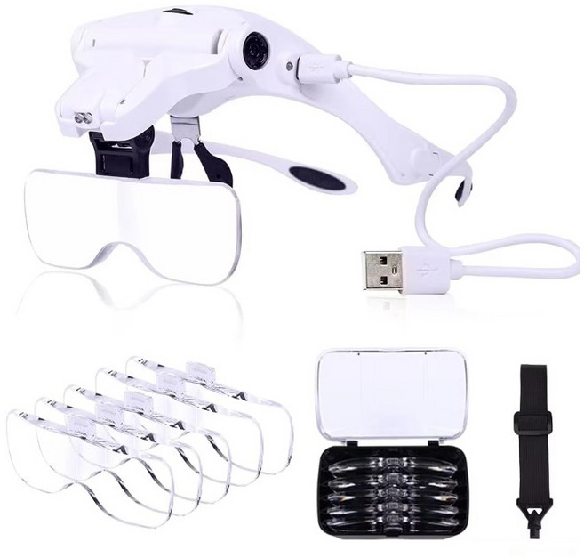 아로 헤드형 확대경 돋보기 LED 조명 작업용 신형확대경 USB충전 타입, 1개, 화이트