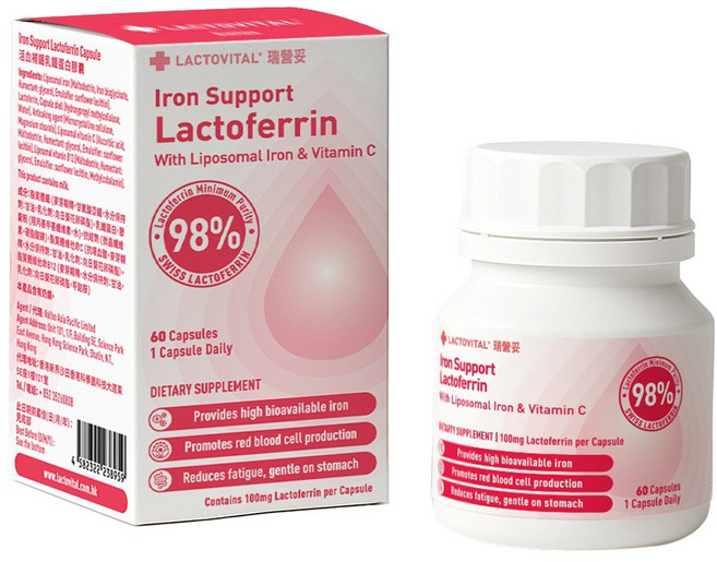 락토바이탈 철분 서포트 락토페린 100mg 리포좀 아연 앤 비타민 C 함유 캡슐, 1개, 60정