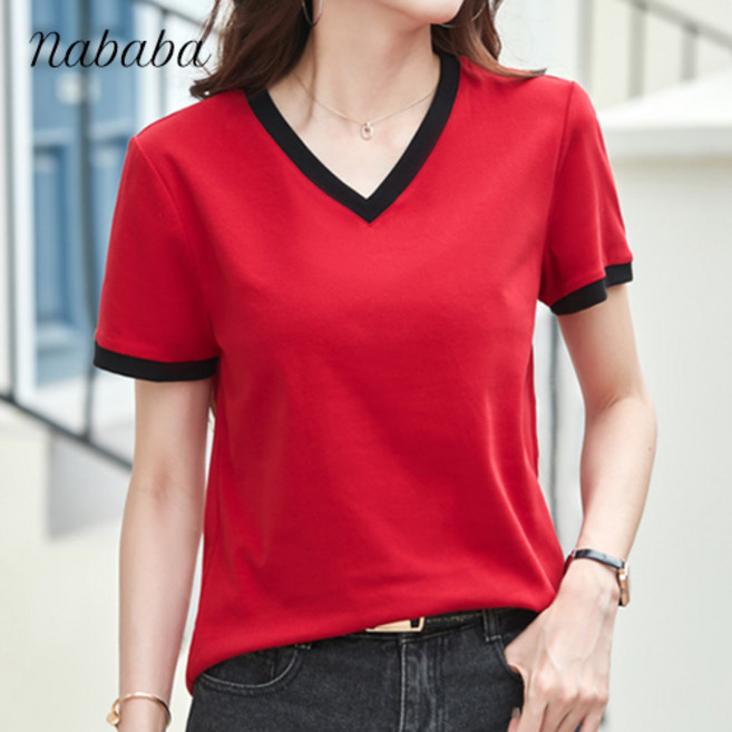 나바바 NT1779 여성 무지 배색 포인트 브이넥 반팔 티셔츠