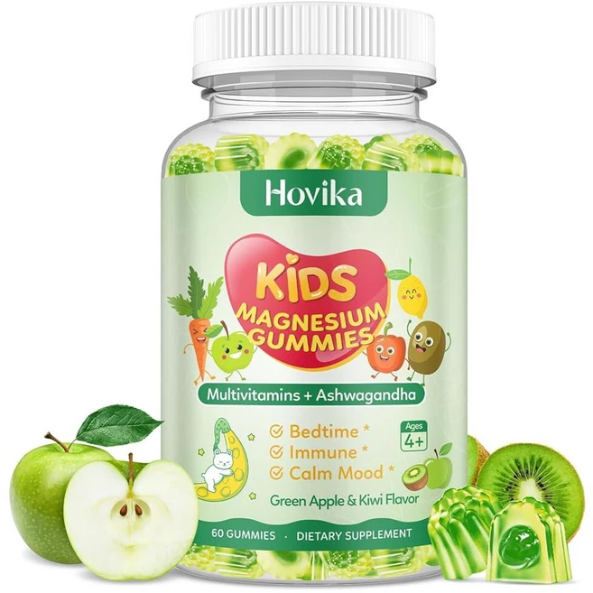 아동용 마그네슘 젤리 - 수면 진정 및 집중력을 위한 L-테아닌 카모마일 및 멀티비타민이 함유된 마그네슘 글리시네이트 젤리 - 그린 & 키위 센터 필링 젤리 60개입, 60 Count (Pack of 1), Green Apple & Kiwi, 1개 - 쿠팡