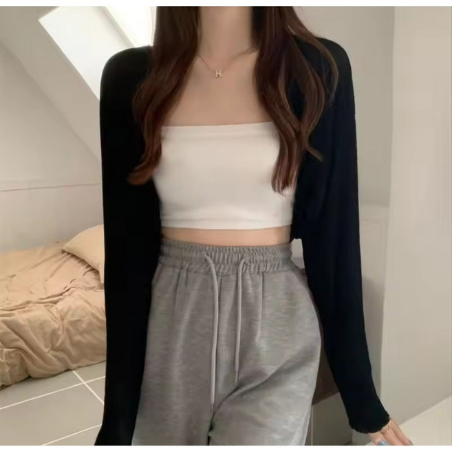 홀리고 아이스 실크 니트크롭 숄더 볼레로 가디건