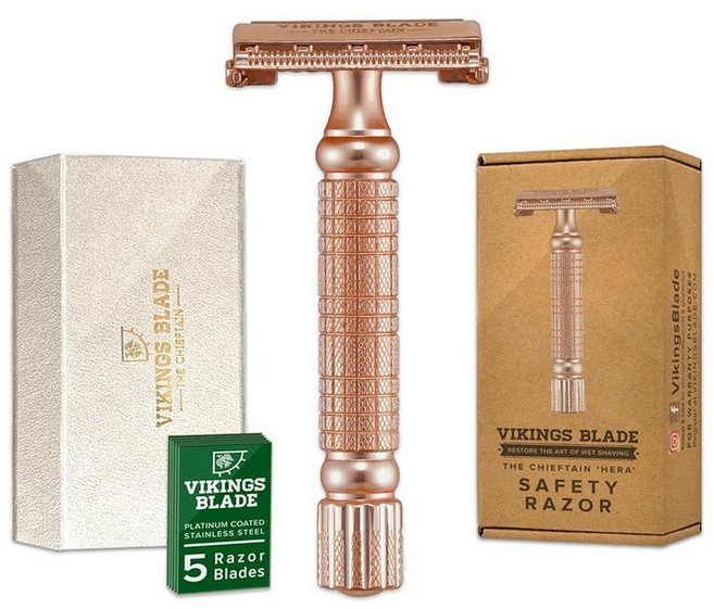 VIKINGS BLADE The Chieftain '5 BC' 더블 엣지 안전 면도기 에인션트 더스트 앤 빈티지 브론즈(황동 중립적으로 공격적), 프로스티드 로즈 골드