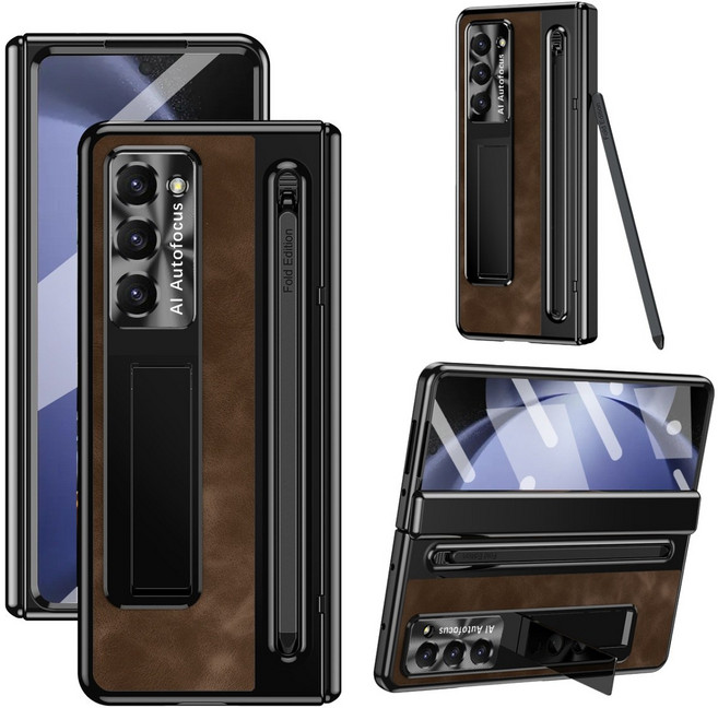 Elvo 갤럭시 Z폴드 7 6 5 가죽 케이스 힌지보호 일체형 액정보호필름 히든 거치대 S펜 포함 풀커버 케이스