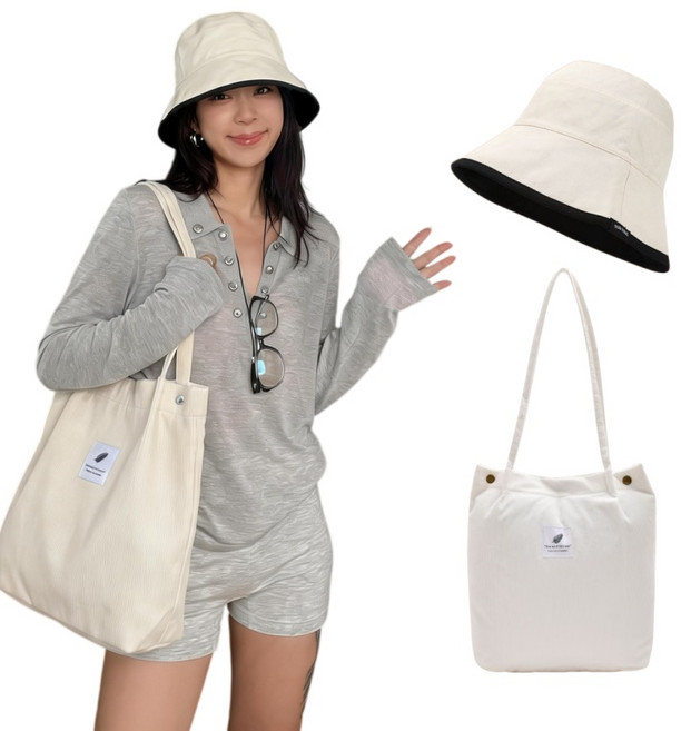 여성 양면 버킷햇 햇빛 자외선차단 벙거지모자+코듀로이 캔버스 에코 숄더백 2종세트