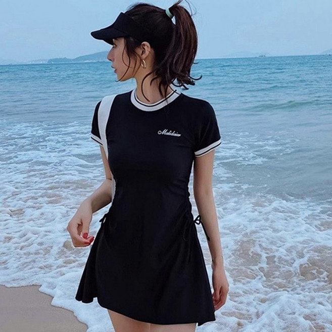 스포티 카라 배색 반팔 스커트 투피스 여름 수영복 모노키니 커버업 래쉬가드, 상세페이지 참조
