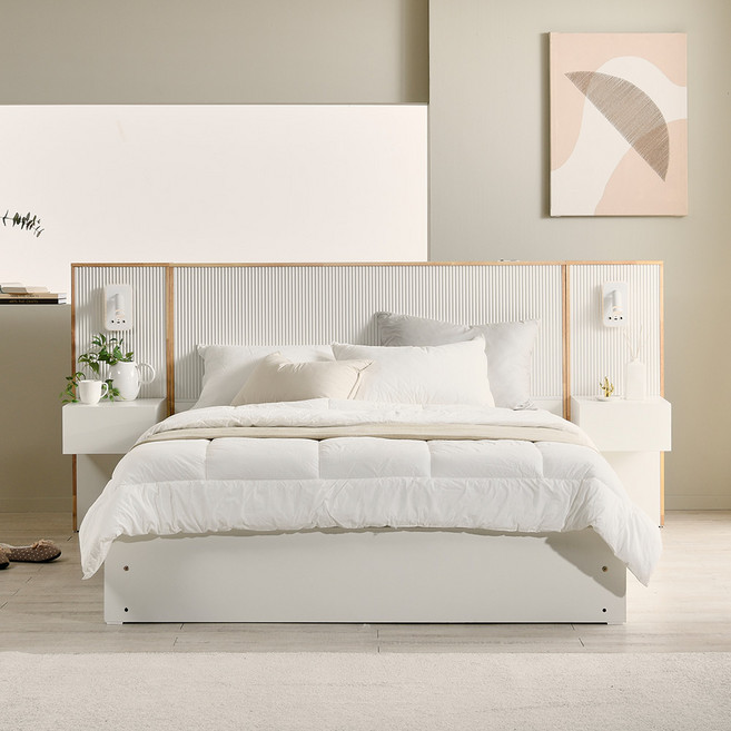 동서가구 미휴 LED 호텔형 수납침대 K + 협탁2EA + 편백황토숯 양면 매트리스 DF645224, 화이트