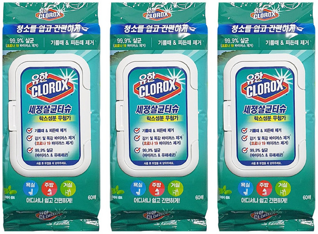 유한 크로락스 세정살균티슈 후레쉬센트 60매, 3개