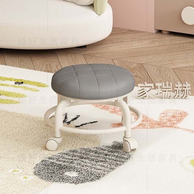 萬向輪兒童學步矮凳 - 多功能滑輪矮凳/美縫修腳換鞋凳/帶娃神器 - 軟座圓凳, 【簡約灰】萬向輪矮凳-升級免釘安裝, 1個