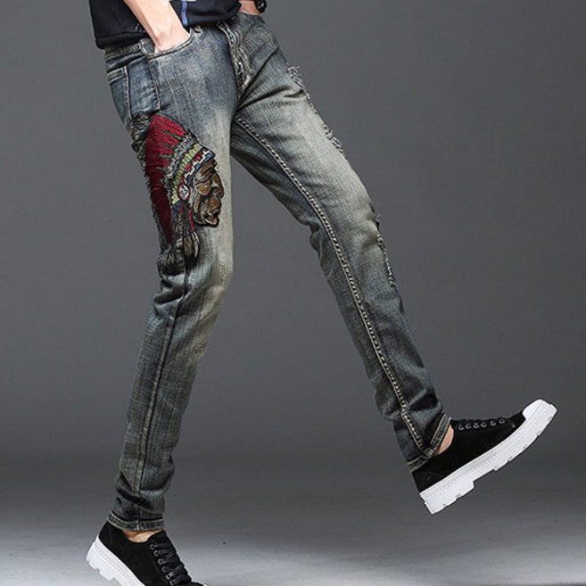 신델 직수입 데님 남성 인디언 자수 일자 청바지 h1330