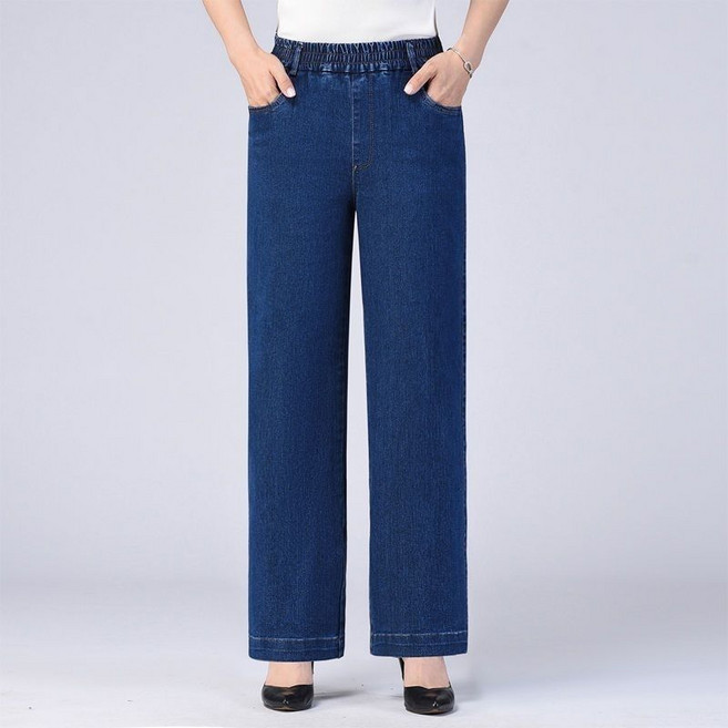중년여성 빅사이즈 청바지 봄가을 간절기 엄마룩 스판 와이드 허리밴딩 일자핏 하이웨스트 기질 패션 데일리 루즈핏 아우터 데님팬츠