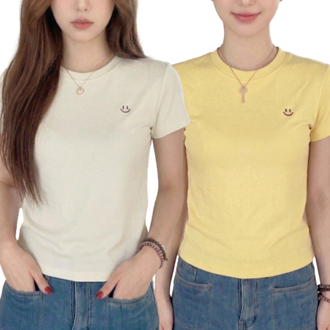 바이로이 1+1 여성 스마일 스판 반팔티