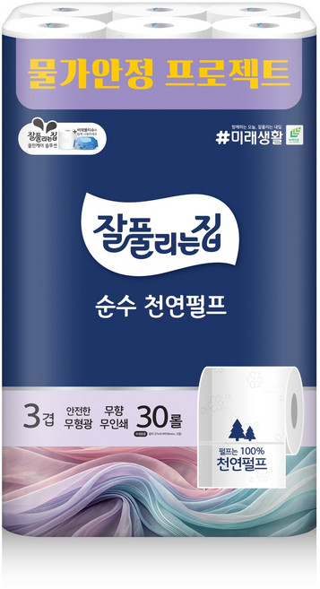 잘 풀리는집 순수 천연펄프 화장지 3겹 27m 30롤 3팩 / 행사, 1세트