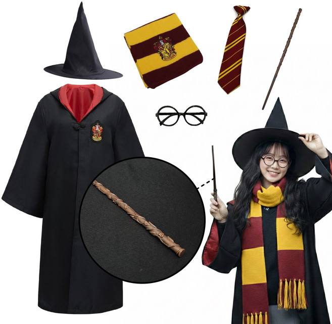 [청춘교복] 고퀄리티 해리포터 코스프레 6종세트 로브+머플러+자동무지타이+안경+지팡이 택1+모자 할로윈 마법사 졸사 졸업사진