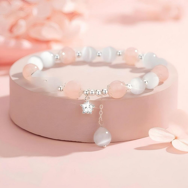 핑크 행운 천연 캣츠아이 로즈쿼츠 비즈팔찌 스타 참 여성용