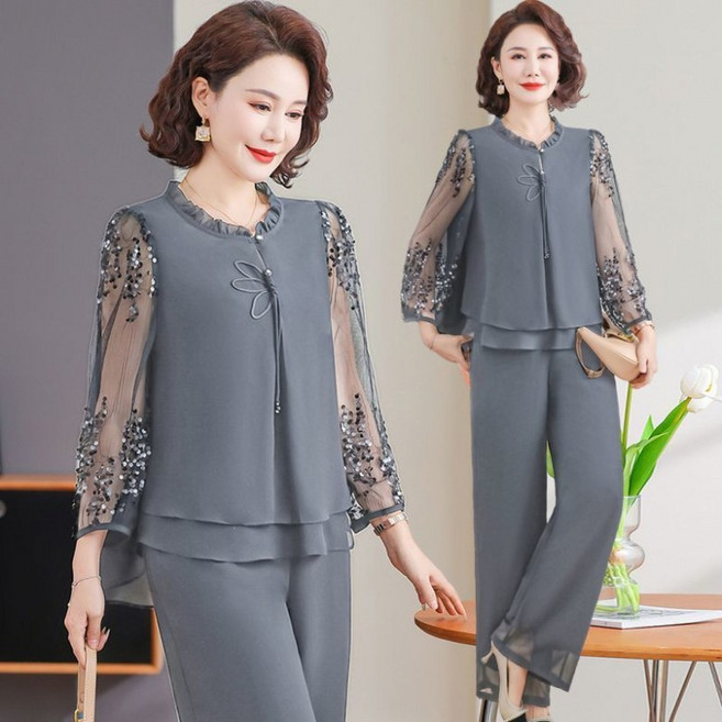 ORZQU 중년 여성 봄여름 얇은 망사 긴팔 블라우스 와이드 팬츠 투피스 엄마복세